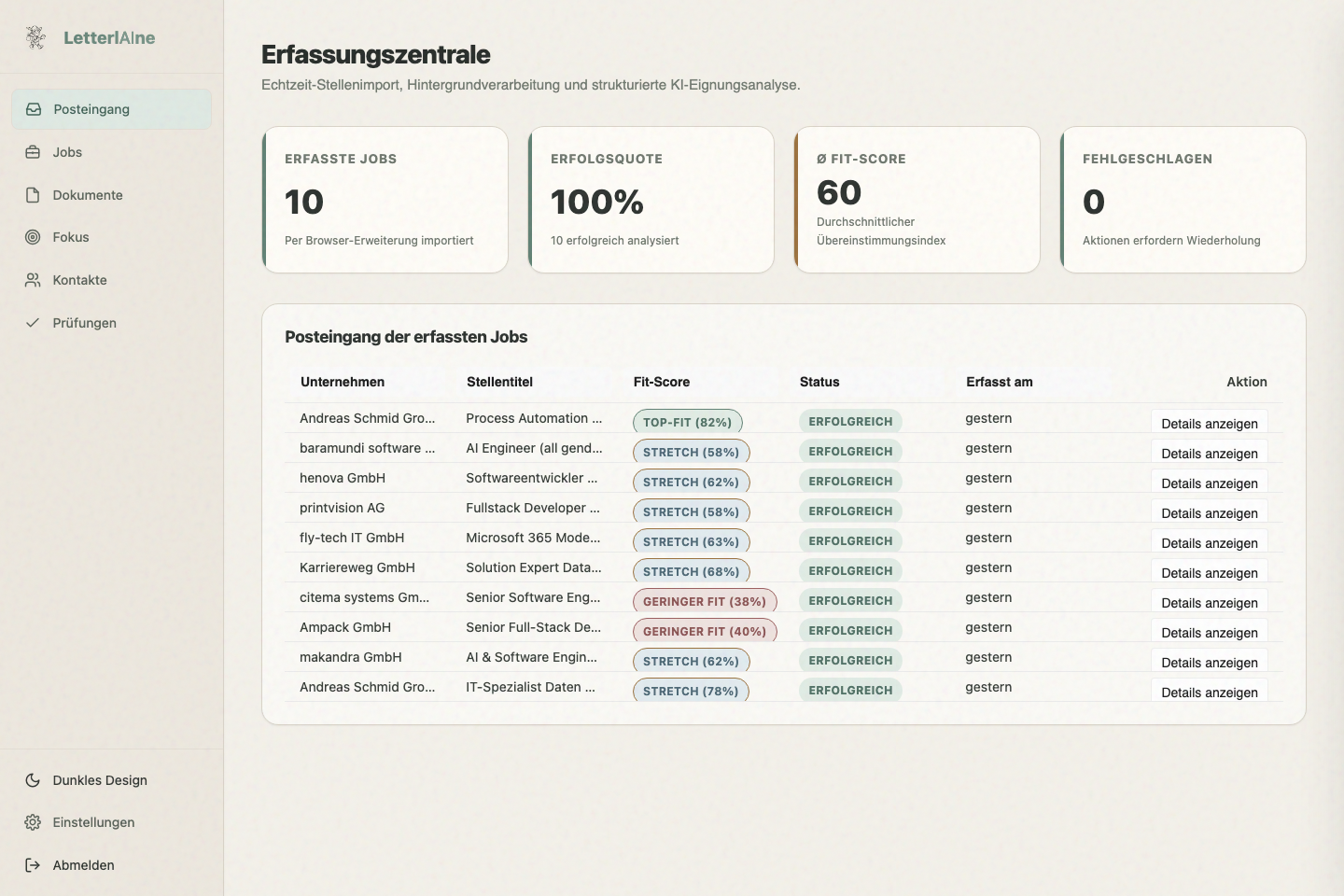 LetterlAIne Dashboard - Aktueller Produktstand